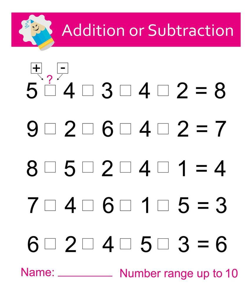 Math activity for children. Developing numeracy skills. Number range up to 10. Printable worksheet. vector