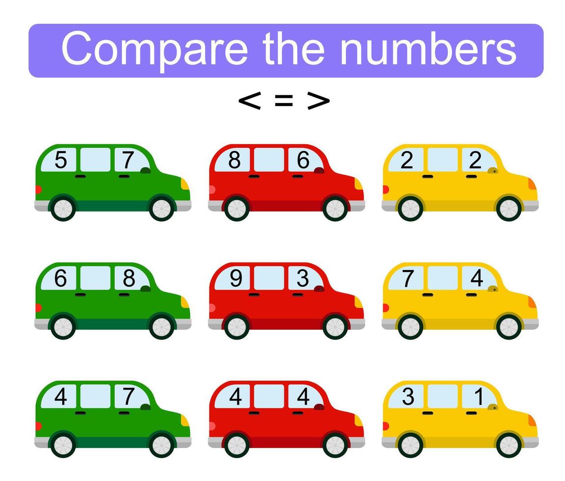 Math activity for kids. Compare the numbers. Number range up to 10. illustration. vector
