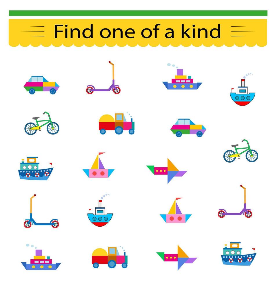 Educational game for kids. Need to find one of a kind transport. Visual intelligence. illustration vector