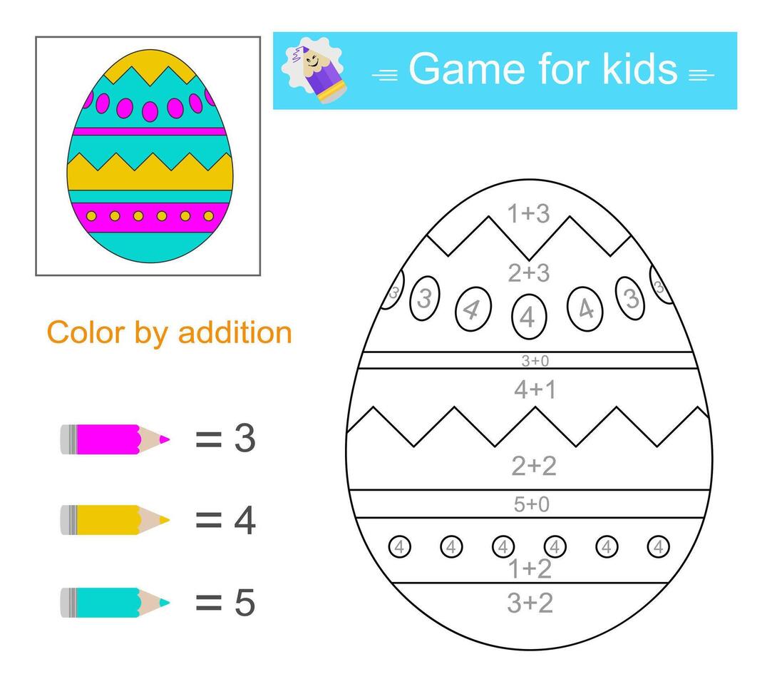 Color by addition. Math activity for kids. Developing numeracy skills. Number range up to 10 vector