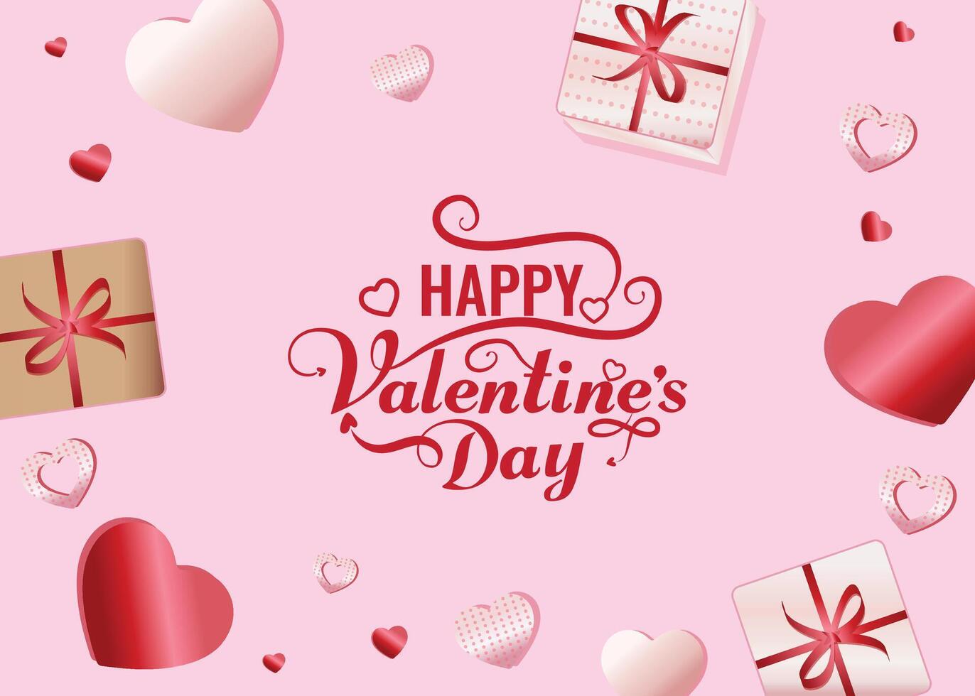 Happy valentines day pink background. Happy valentine's day greeting text lettering with hearts and gifts elements in pink space background template. illustration vector