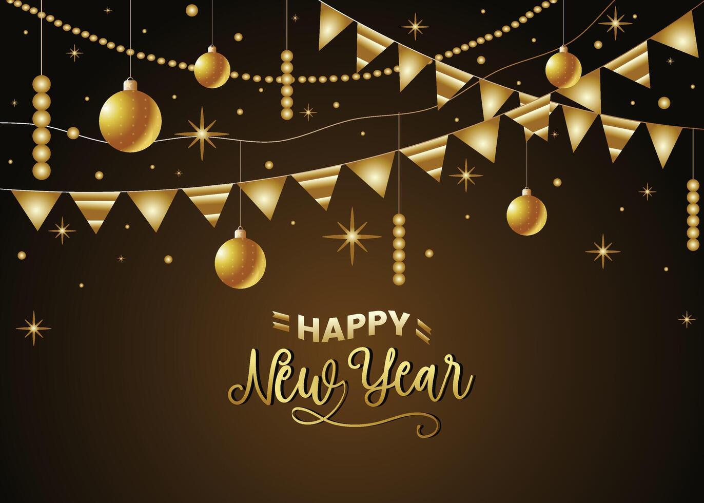 Happy New Year. A dark background adorned with confetti and elegant Christmas ornaments sets the stage for a festive New Year's Eve celebration, shimmering with golden confetti and glittering accents. vector