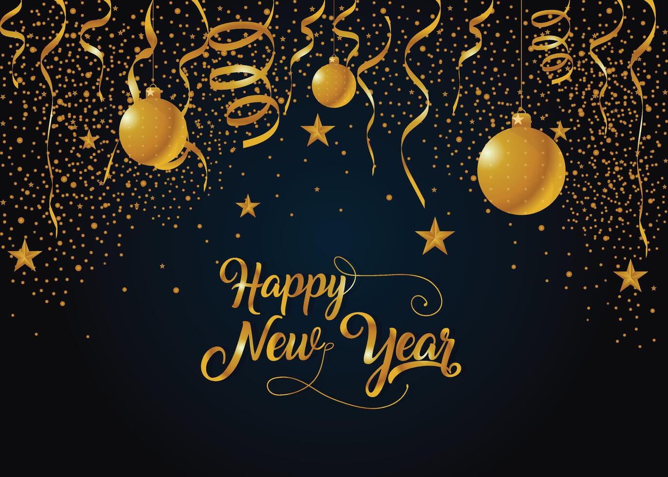 Happy New Year banner for celebration with a dark background, dazzling golden confetti, glitter, and a festive Christmas ornament for New Year's Eve. vector