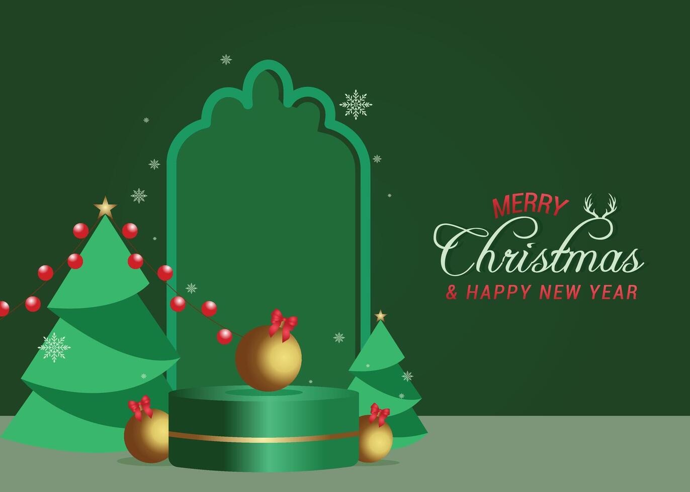 Merry Christmas green podium design. Merry Christmas sale greeting text on a simple platform background with gold Christmas ornaments and twisted pine tree elements . vector
