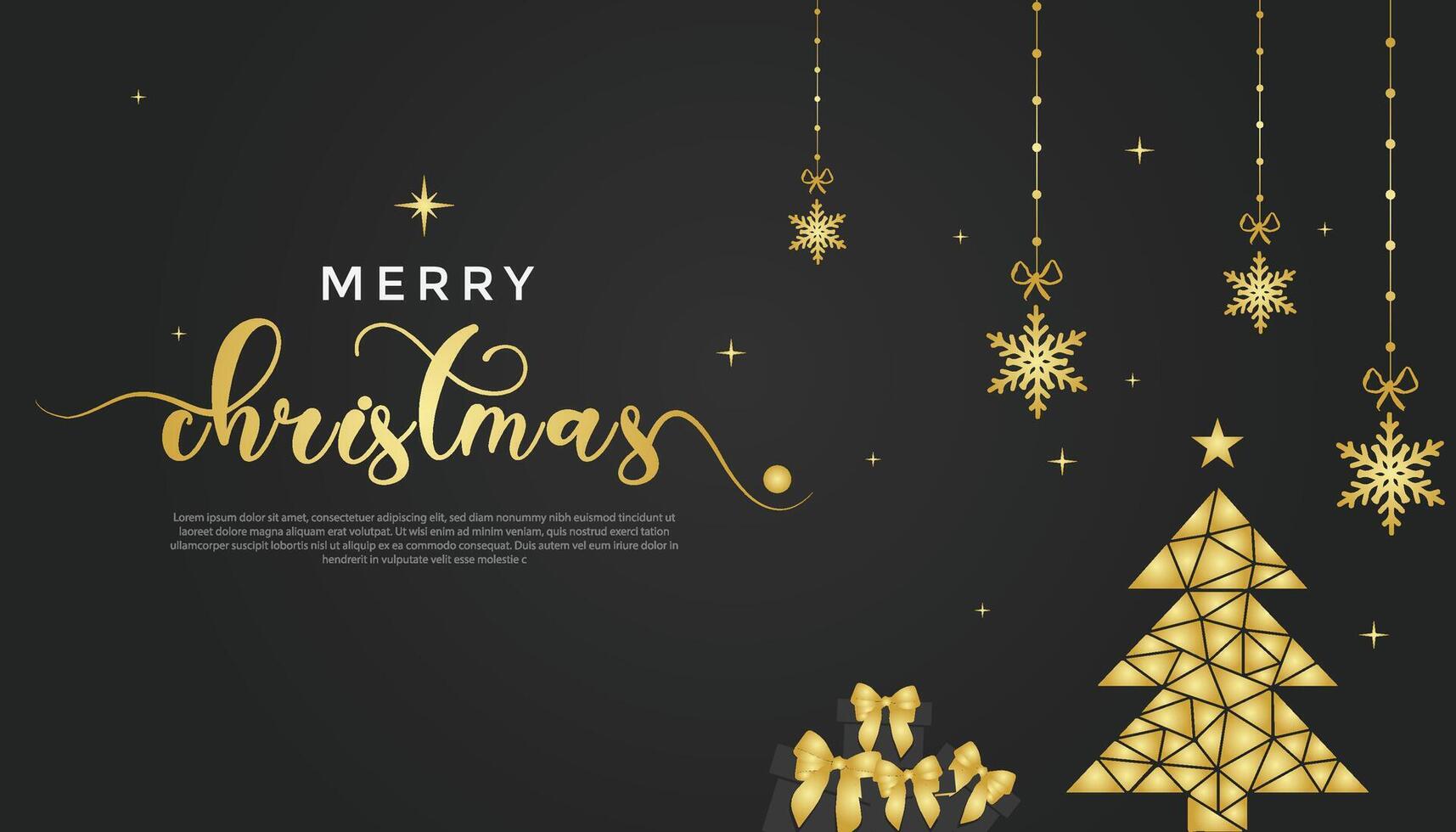 Luxury Christmas and New Year Background with Gold Hanging Snowflake with Stars and Christmas Tree on a Sleek Black Background for Wallpaper, Greeting Cards, Covers, and Posters. vector