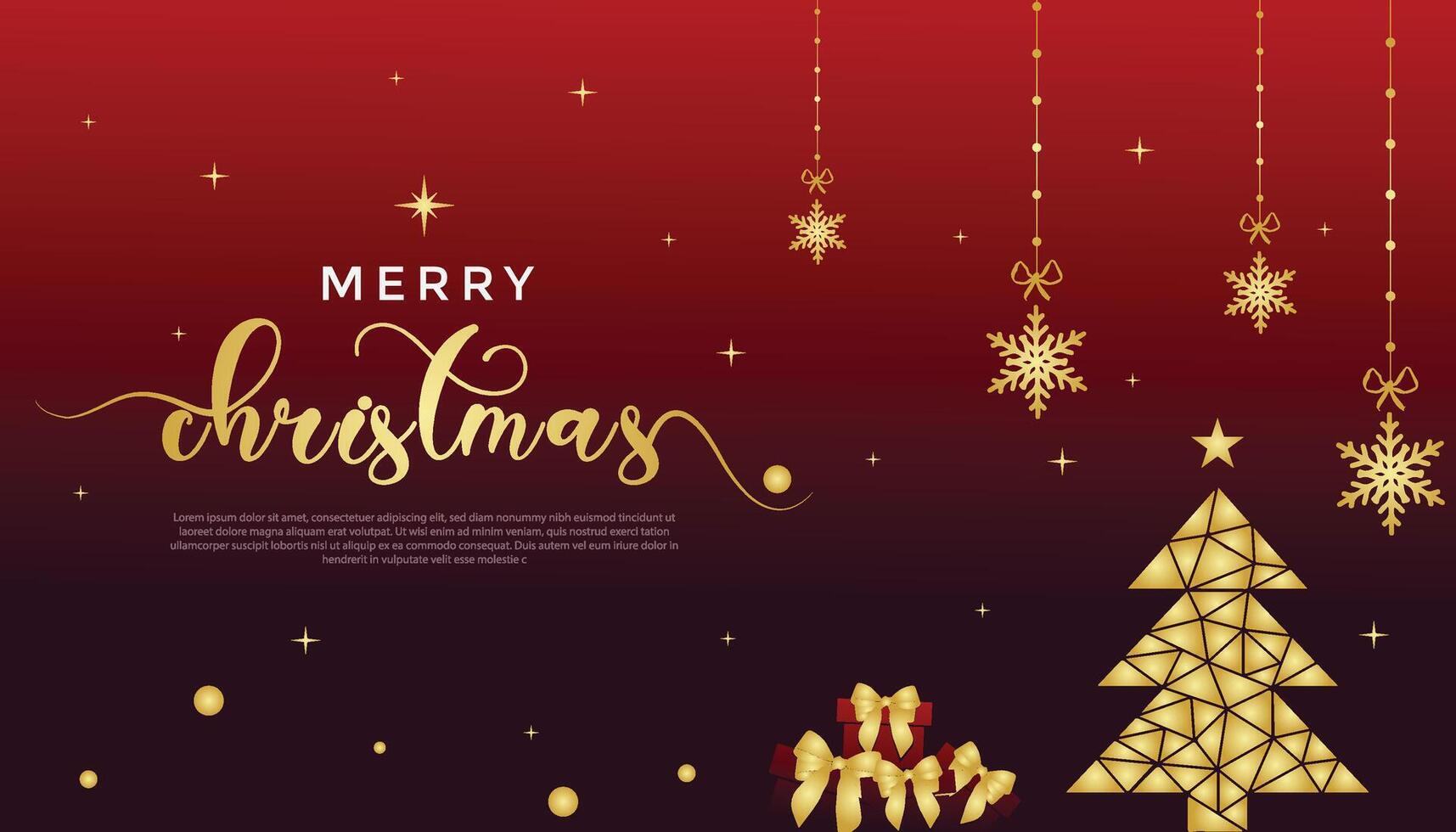 Luxury Christmas and New Year Background with Gold Hanging Snowflake with Stars and Christmas Tree on a Sleek red Background for Wallpaper, Greeting Cards, Covers, and Posters. vector
