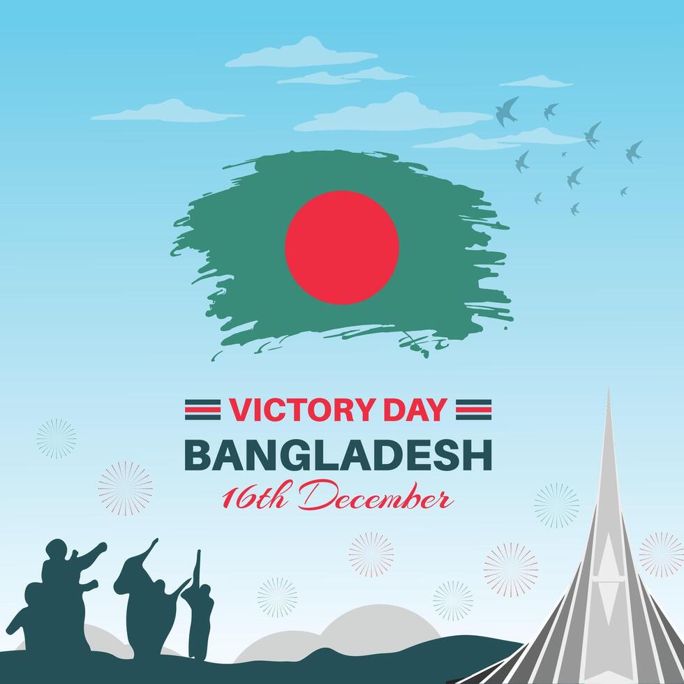 The Bangladesh victory day 16th december typography and background with a national monument and waving flag , freedom fighters and pigeon illustration. vector
