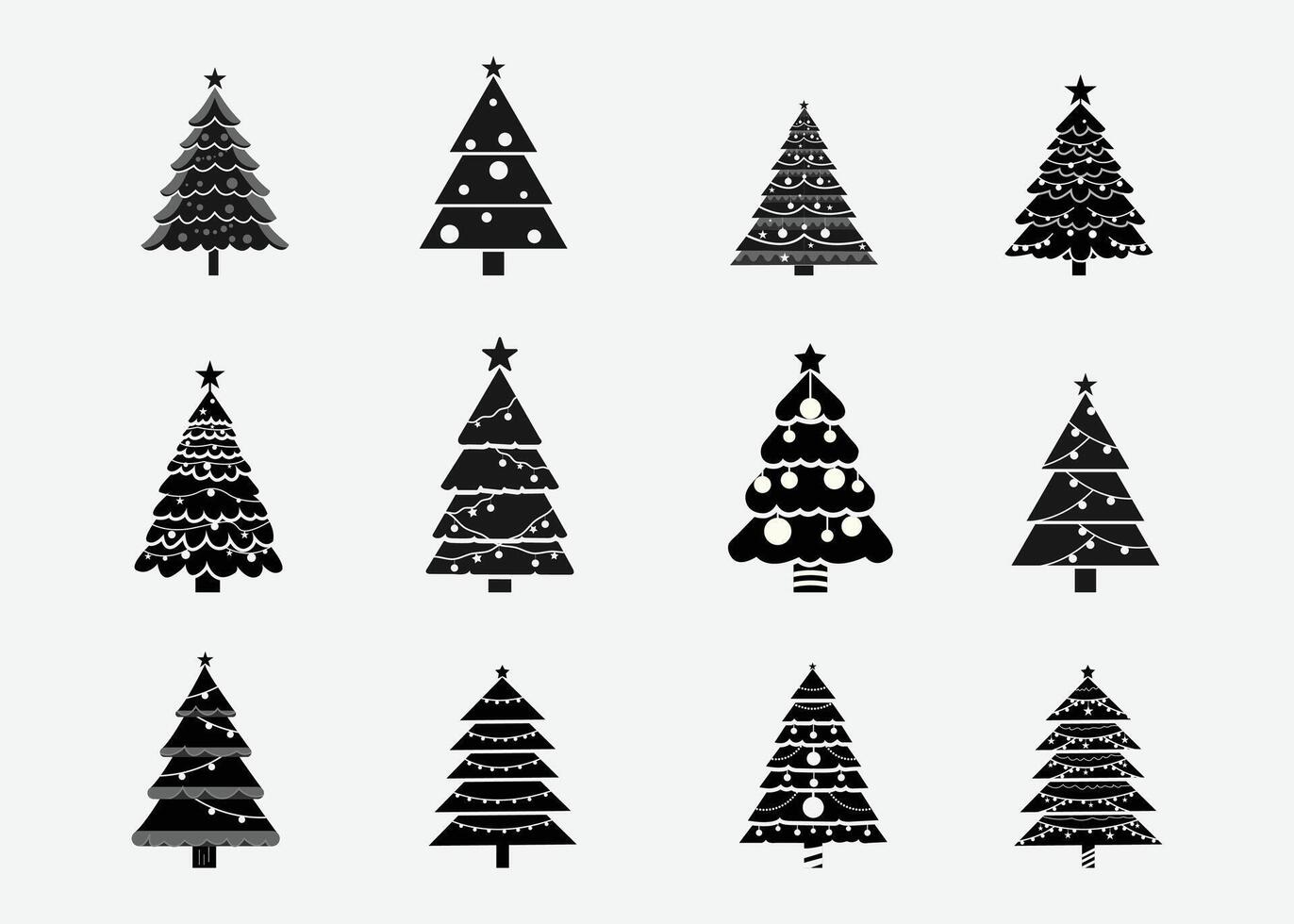 Merry Christmas trees icon silhouette set collection isolated on white background. Black symbol winter trees collection with garlands for holiday xmas and new year. vector