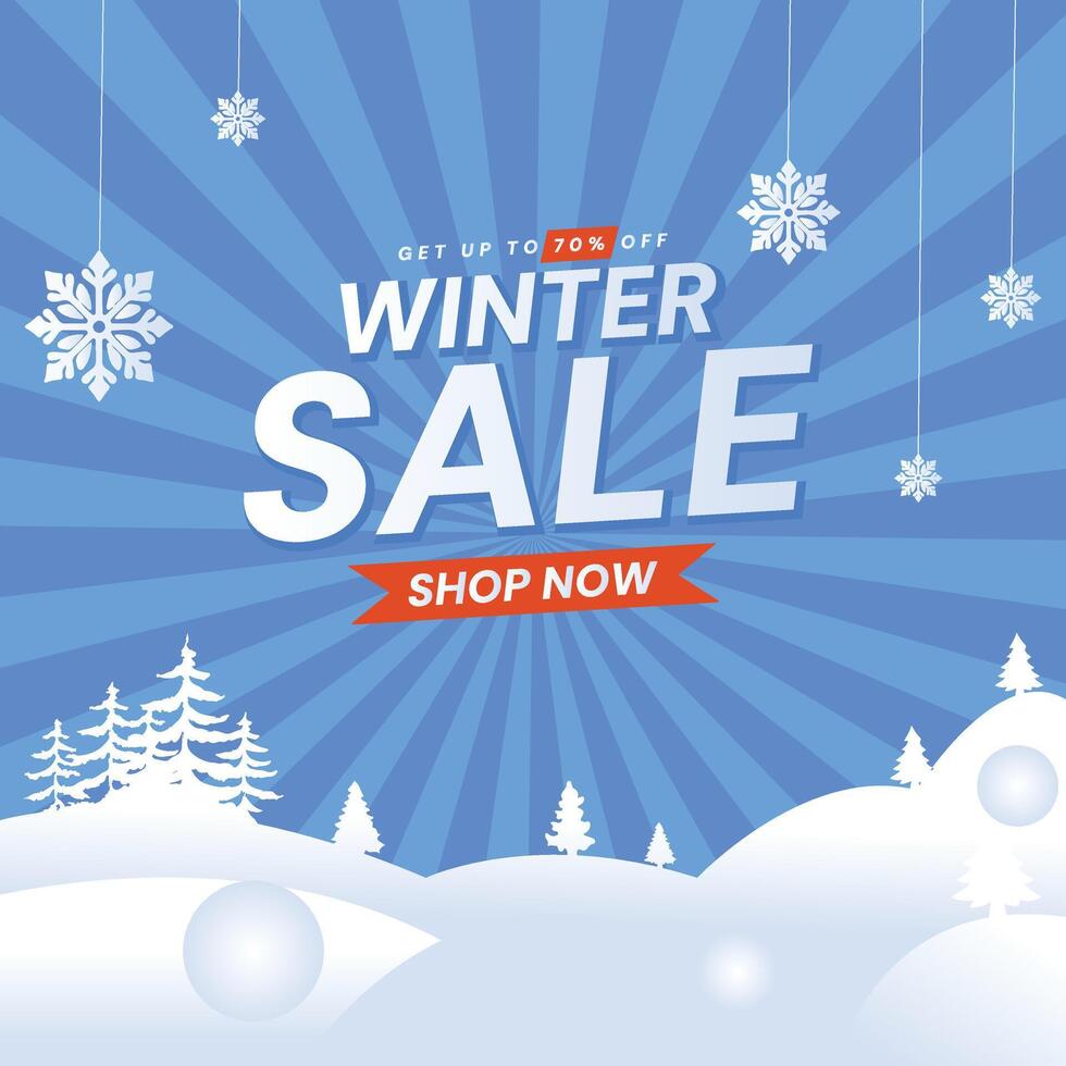 Winter sale banner design. Winter sale discount text with white snowflakes and red tag element in blue background. vector