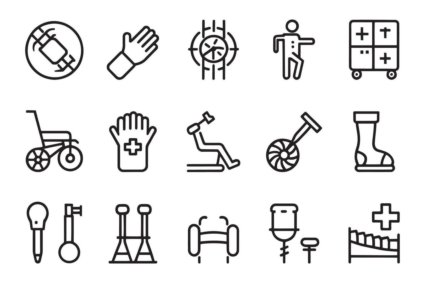Physiotherapy, rehabilitation, prosthetics related editable icon set isolated flat illustration white background vector