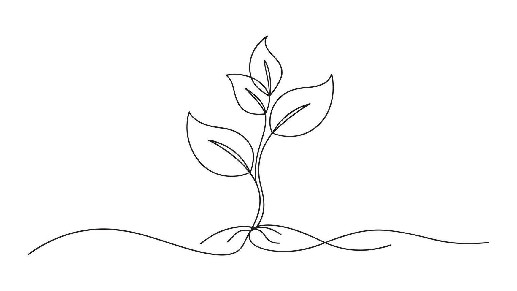 Growing sprout. Plant leaves seed grow soil seedling continuous line art isolated on white background. vector