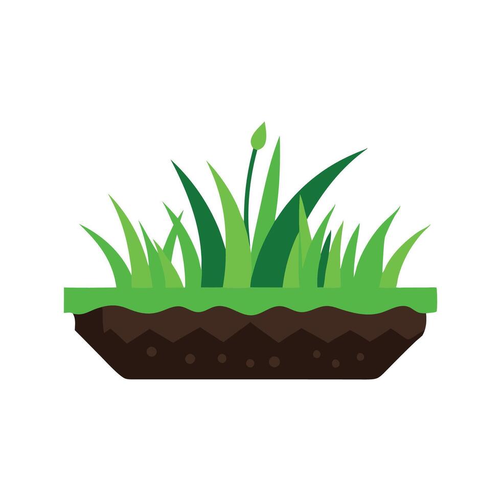 Green meadow grass surrounded by black soil and roots isolated flat illustration on white background vector