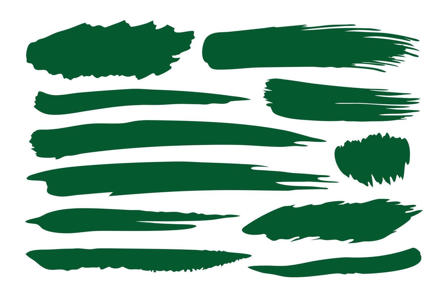 Brush strokes of dark green ink set isolated flat illustration on white background. vector