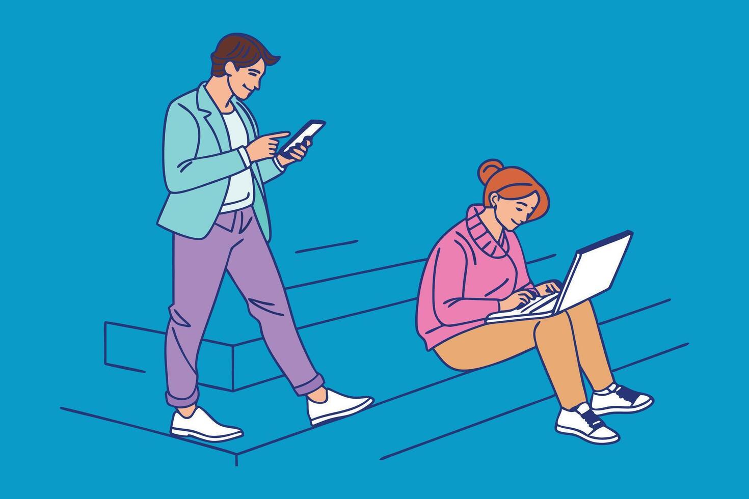 Two business people IT workers hand drawn flat illustration. vector