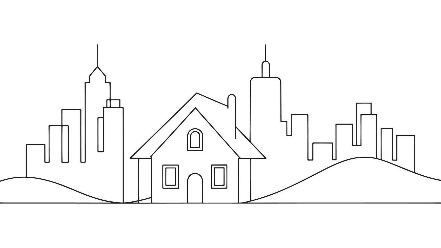 Cityscape with a village small house continuous line art isolated on white background vector
