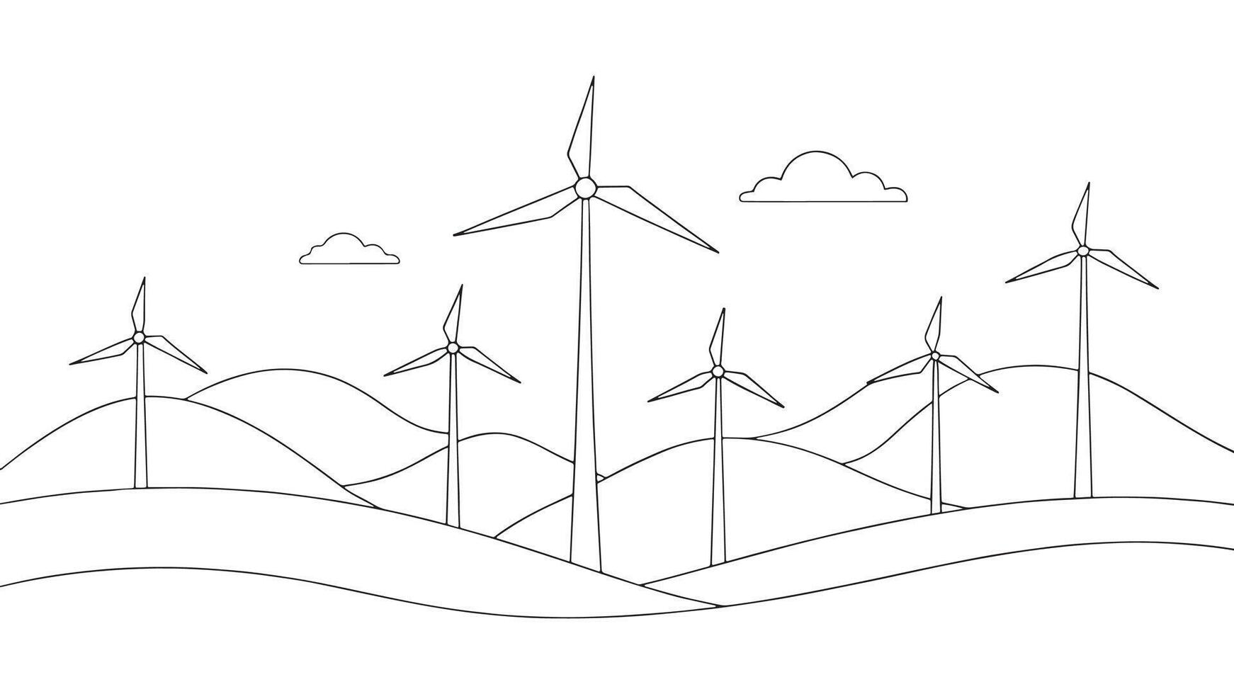 Hilly landscape with wind turbines producing electricity continuous line art isolated on white background vector