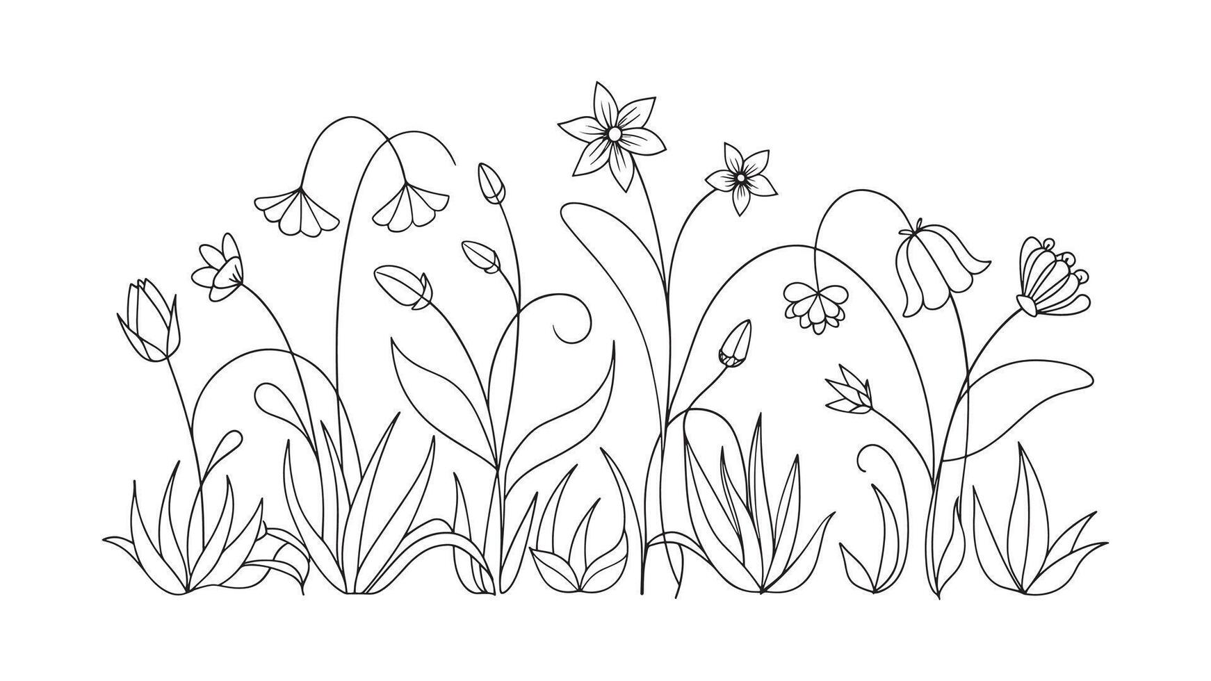 Abstract meadow line with grass and flowers bellflower continuous line art isolated on white background vector