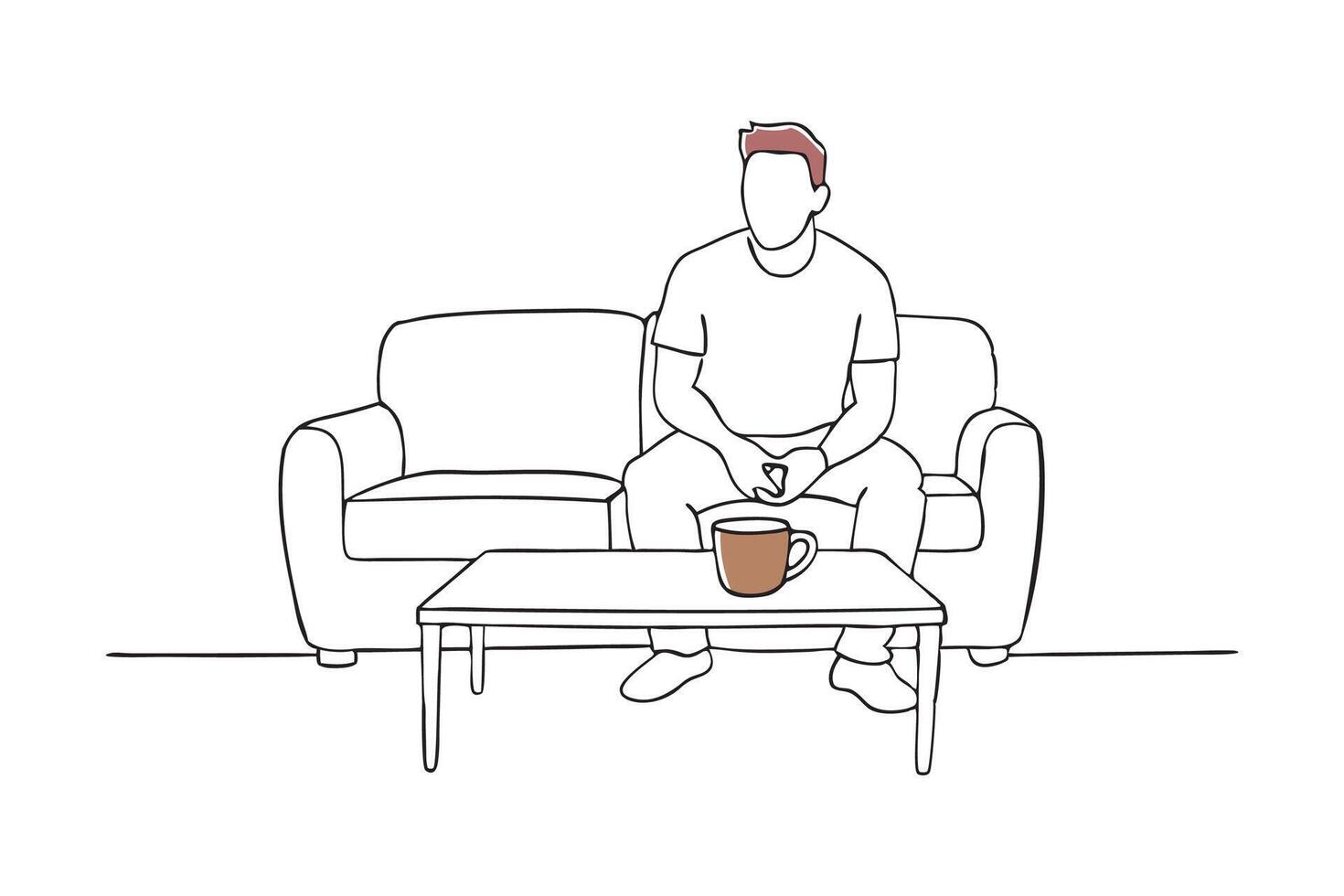 PMan seated on a couch beside a coffee table continuous black line art isolated flat illustration on white background. vector