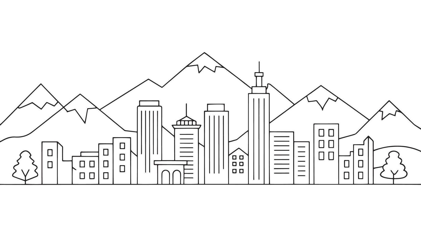 Cityscape, mountain range and building area continuous line art isolated on white background vector