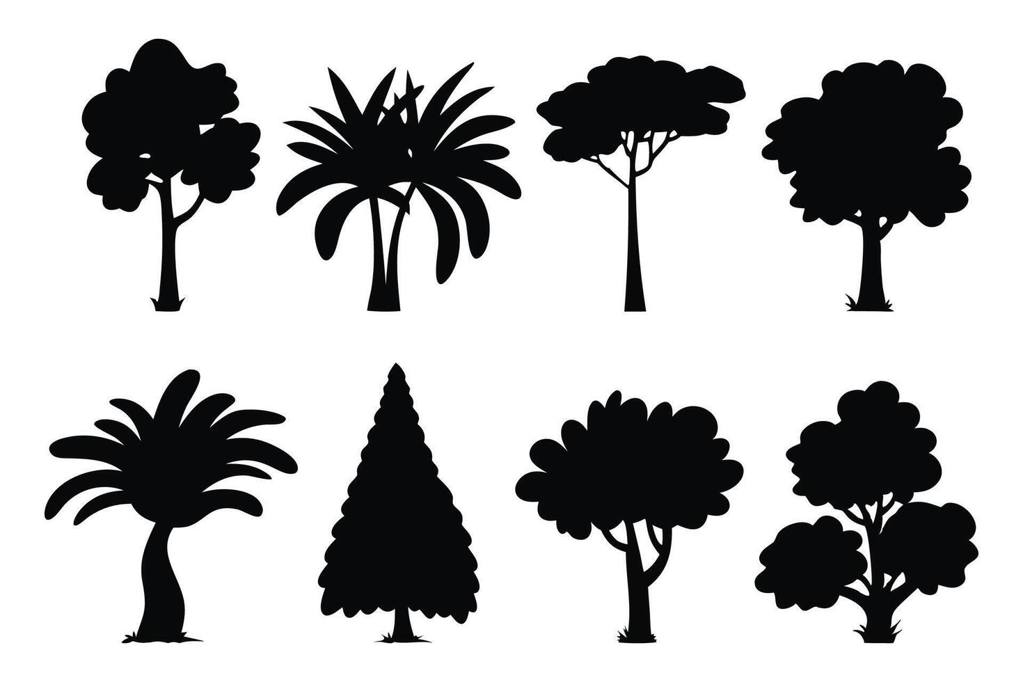 Tree and plant set silhouettes isolated flat illustration on white background. vector