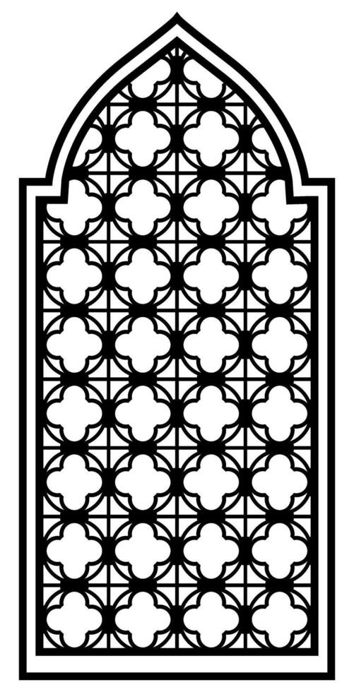 Monochrome ornate Arabic or Islamic Oriental window with mashrabiya pattern. Arabesque pattern. Cnc pattern, laser cutting, wall decor, hanging, stencil, engraving. Palace architecture elements vector