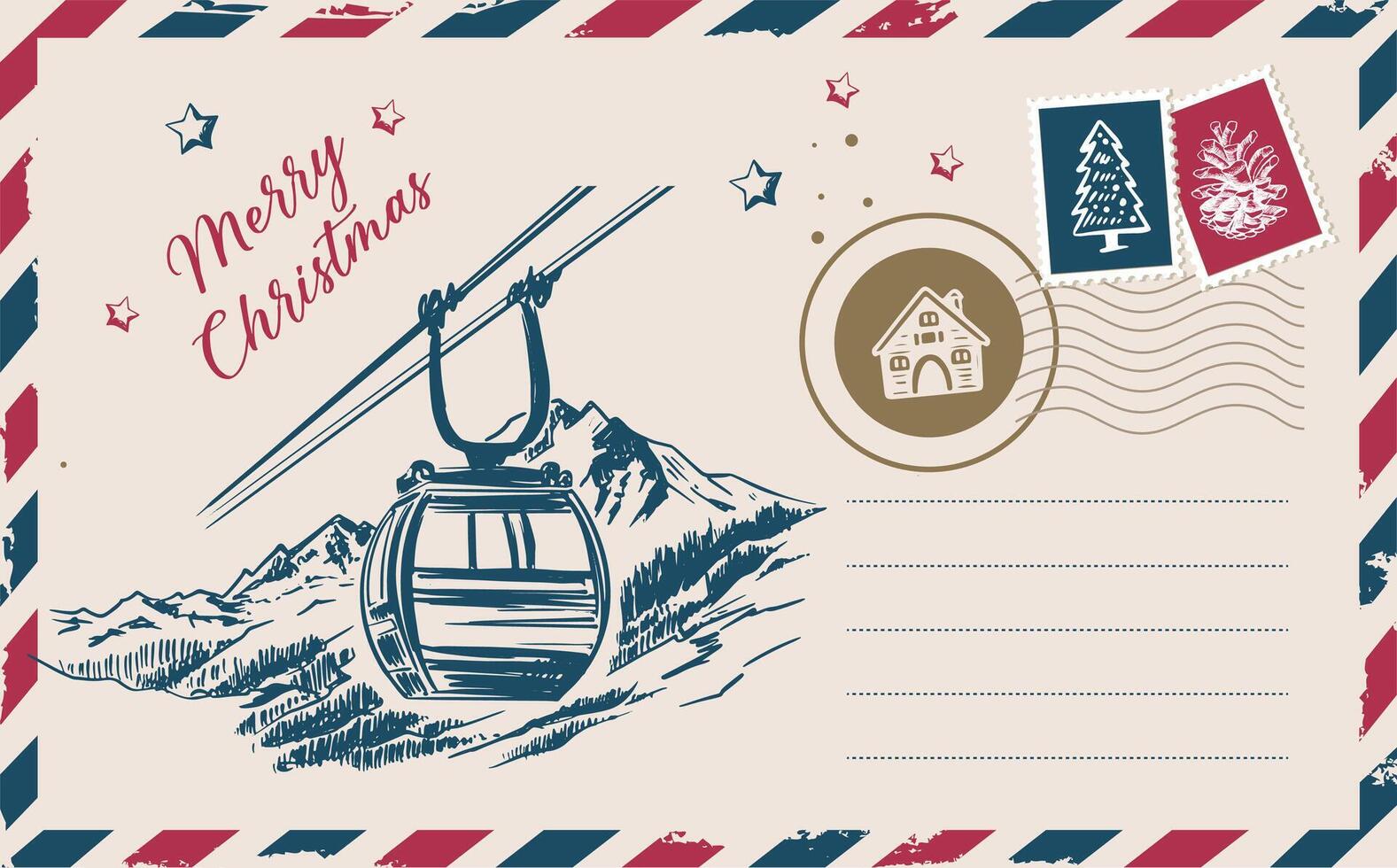 Christmas mail with mountains, postcard, hand drawn illustration. vector