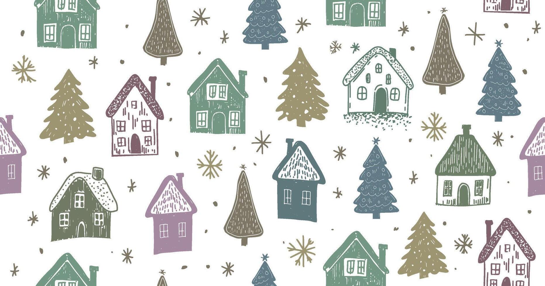 Christmas houses with tree pattern on white vector