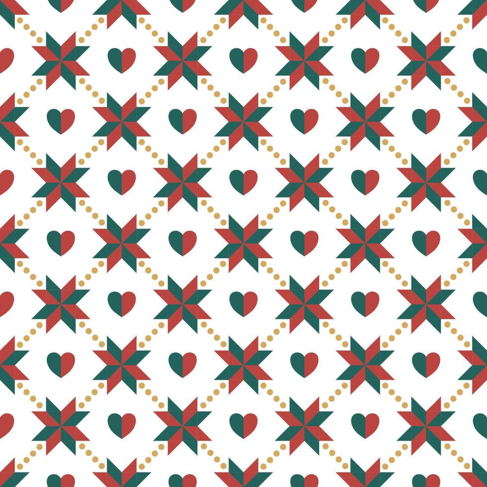 Christmas block star and red half green heart linking with golden dots, seamless pattern for wrapping paper, wallpaper and decoration on Xmas holiday. vector