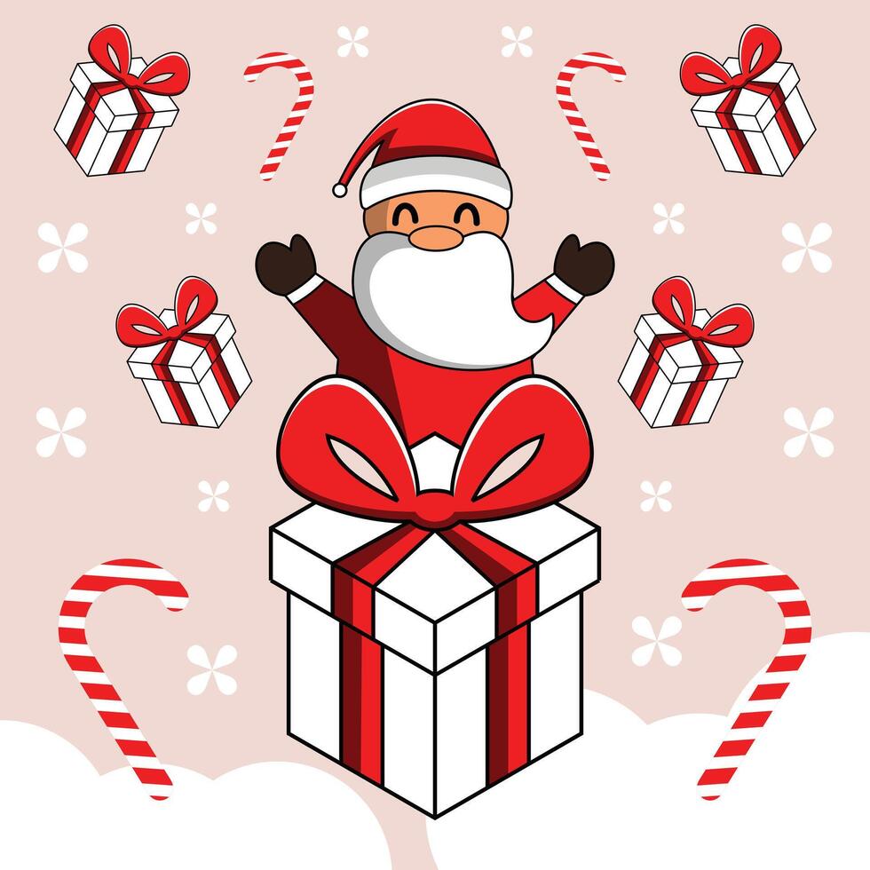 Santa Claus with Gift Box, Merry christmas and Happy New Year, elements in snow winter background. illustration greeting card design vector