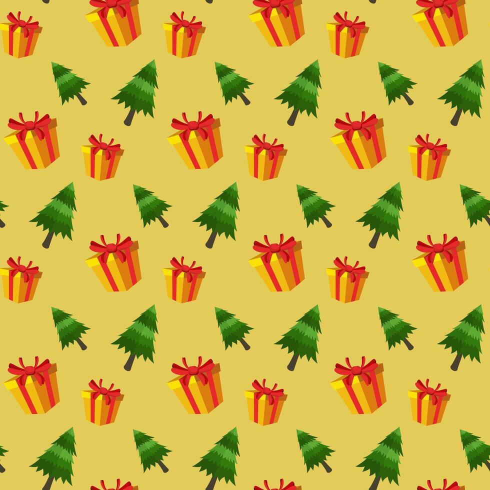 christmas pine trees and gifts seamless pattern vector