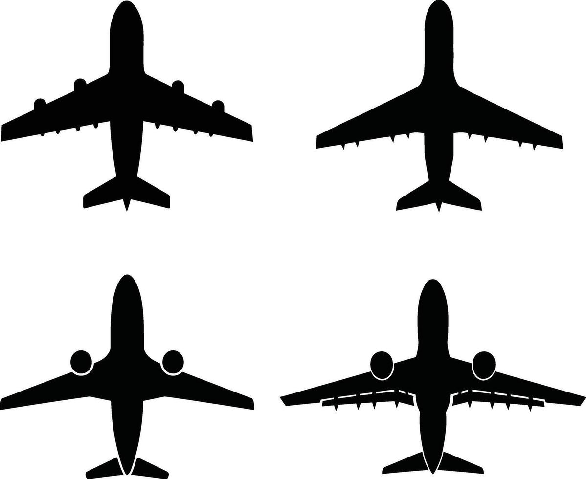 Set of 4 airplane silhouette top view illustration. Black airplane icon isolated on white background. vector