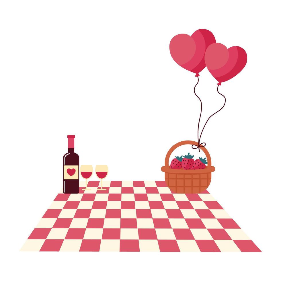 a picnic table with a basket of fruit and a bottle of wine vector