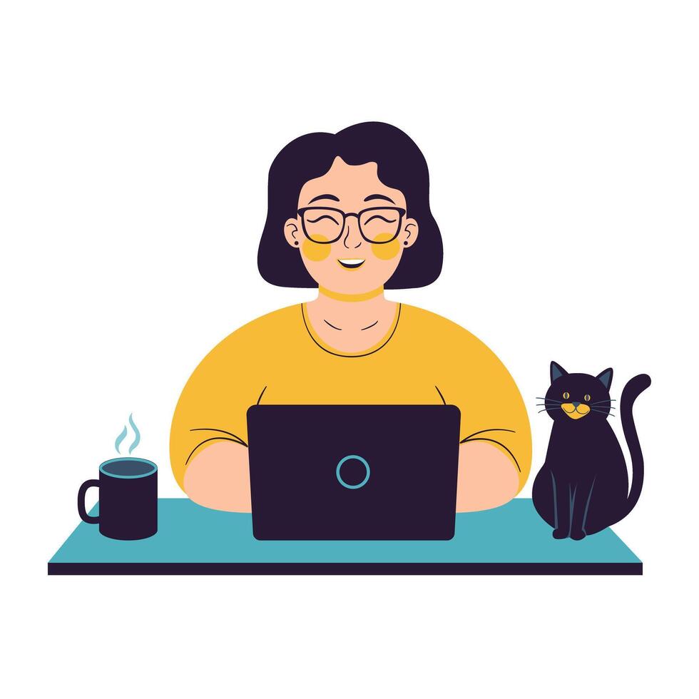 Happy Woman Working with Cat Companion vector