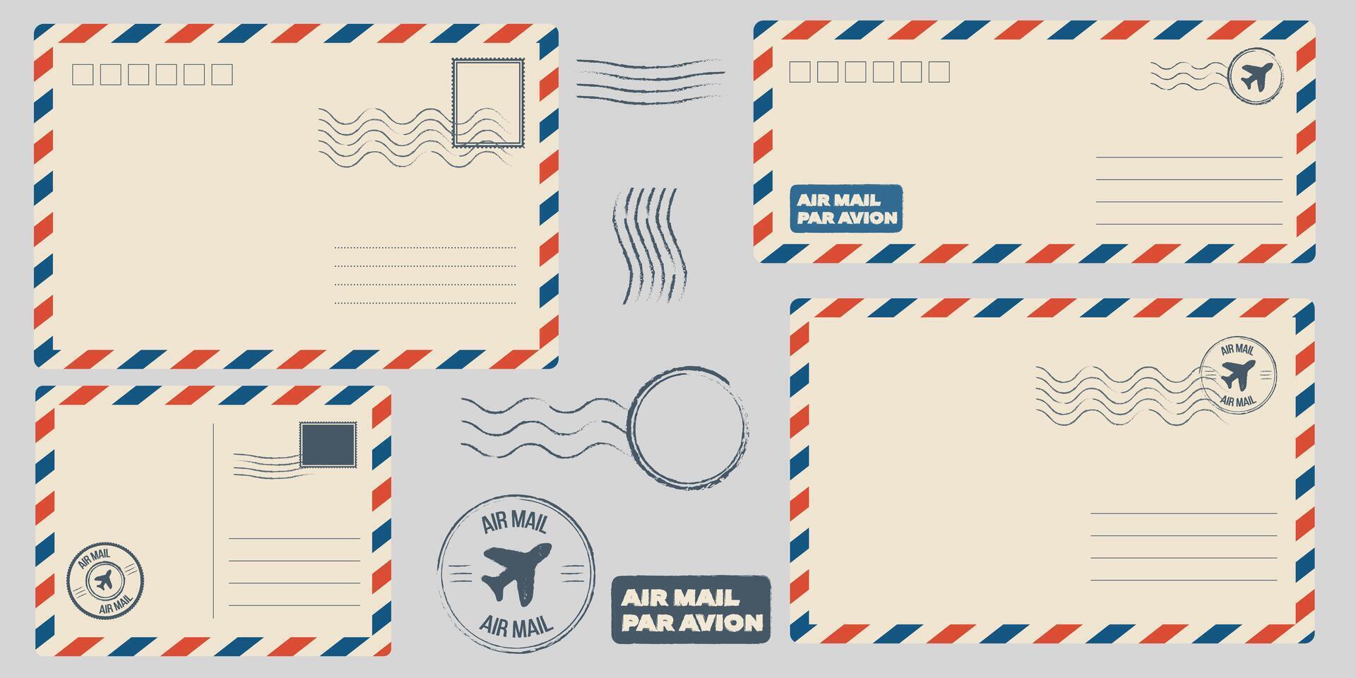Backside blank travel postcard with dirty stain. Air mail par avion postage stamps, stamp old post card empty Back side template tags postale set logo print address track trace airmail envelope vector