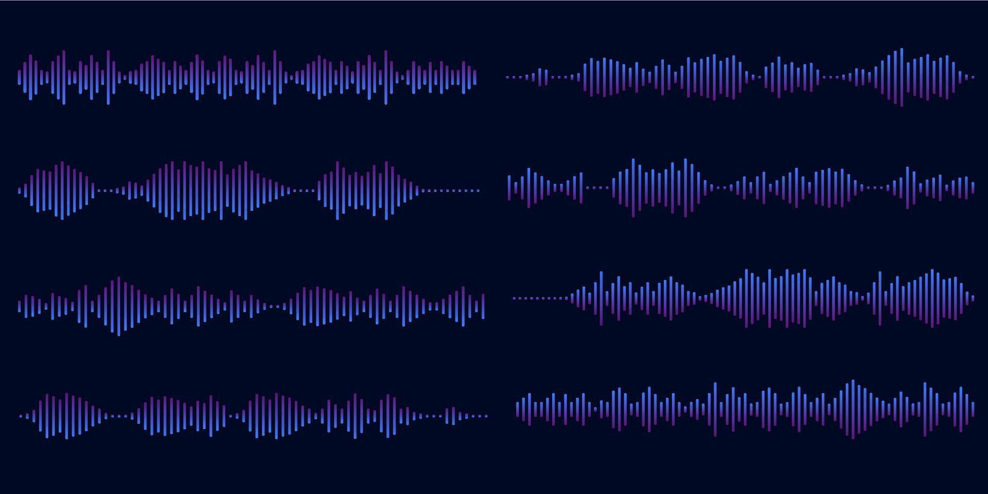 Set of voice message equalizer. Voice sound line with broken lines gradient on dark background. Vortex, sonar wave, soundwave, sunburst, signal signs. graphic illustration vector