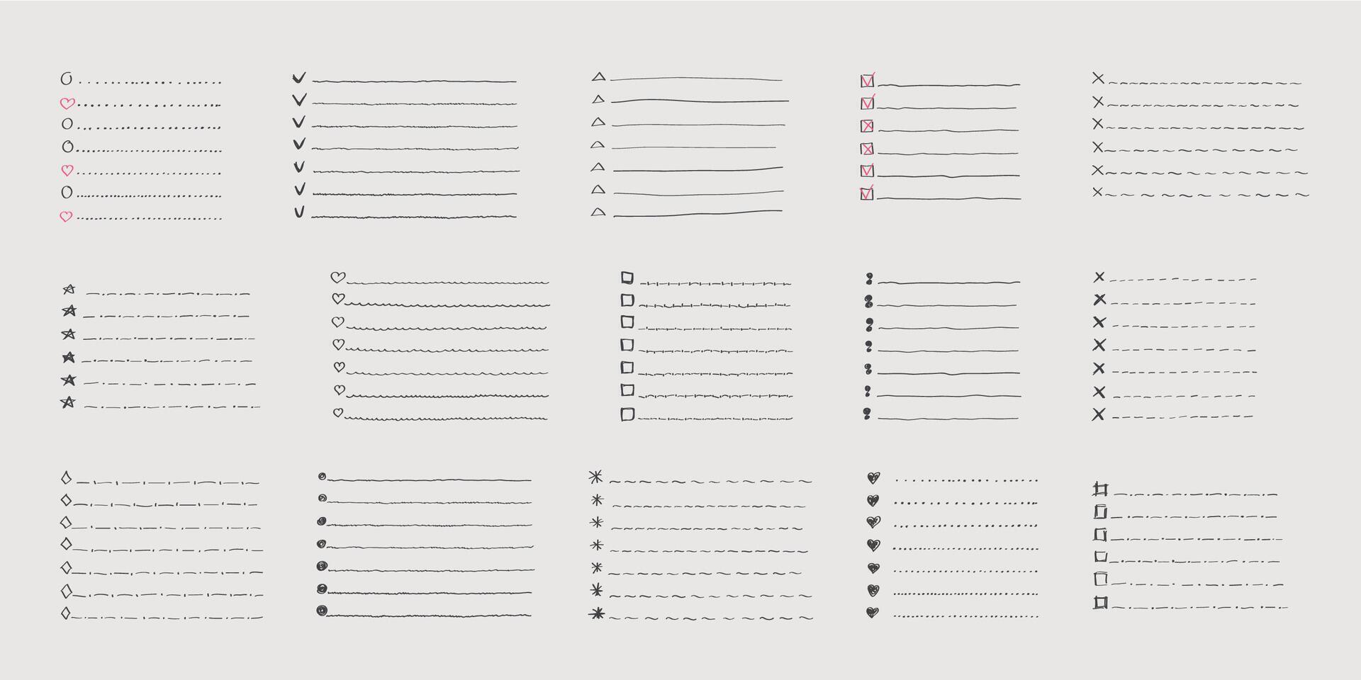 Collection of isolated outline hand drawn check to do list, bullet, check mark and check box in a doodle sketch cartoon style. Set of paper note with task plan. vector