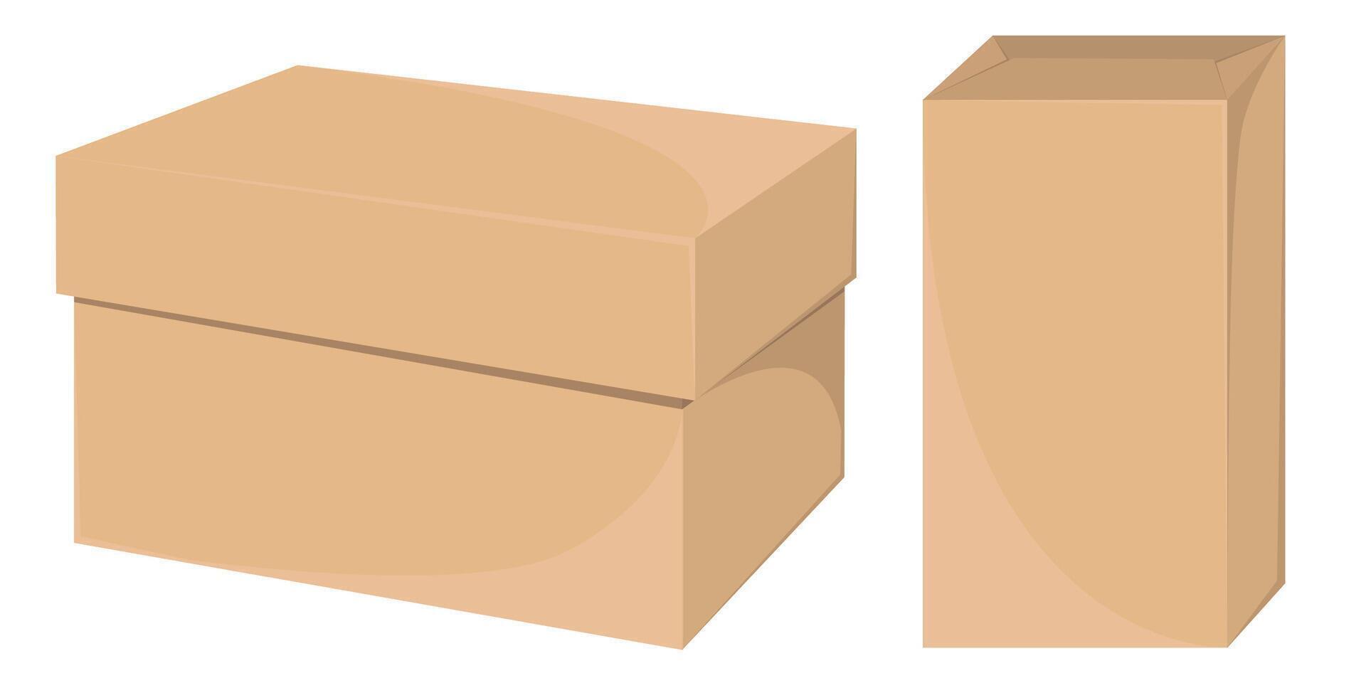 Decent illustrations of delivery cardboard boxes, showcasing front and side perspectives of realistic craft packages. vector