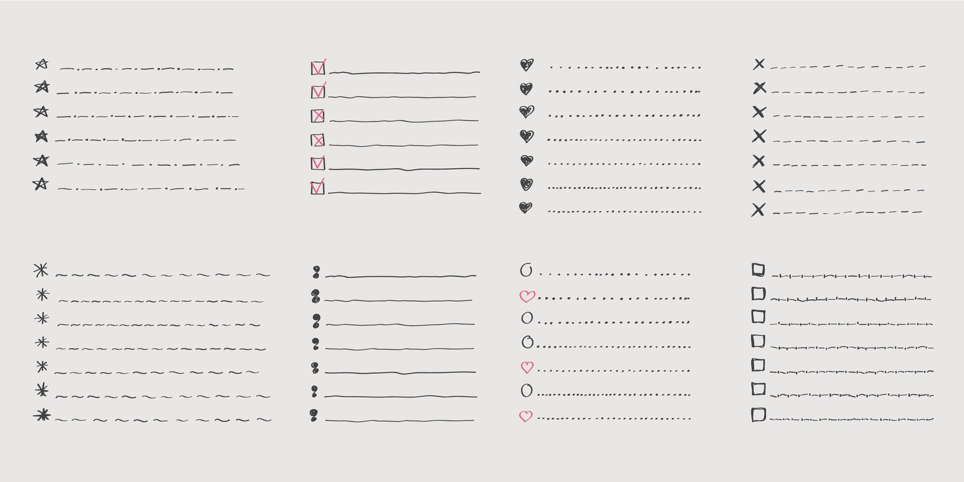 Collection of isolated outline hand drawn check to do list, bullet, check mark and check box in a doodle sketch cartoon style. Set of paper note with task plan. vector
