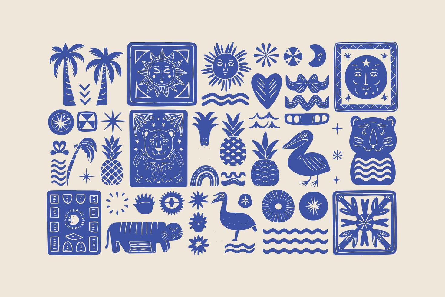 Set of hand-drawn retro tropical summer shape illustrations vector
