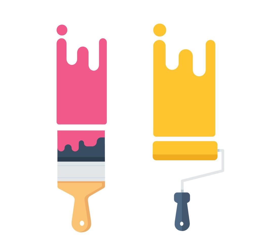 paintbrush and paint roller with color vector