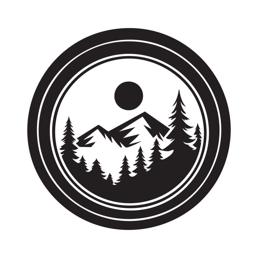Mountain, lake and forest landscape in circle frame. vector