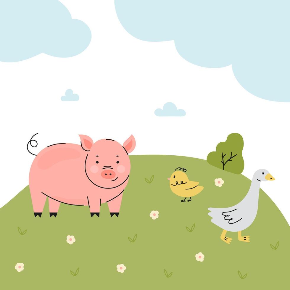 Farm landscape with pig, chickens and goose vector
