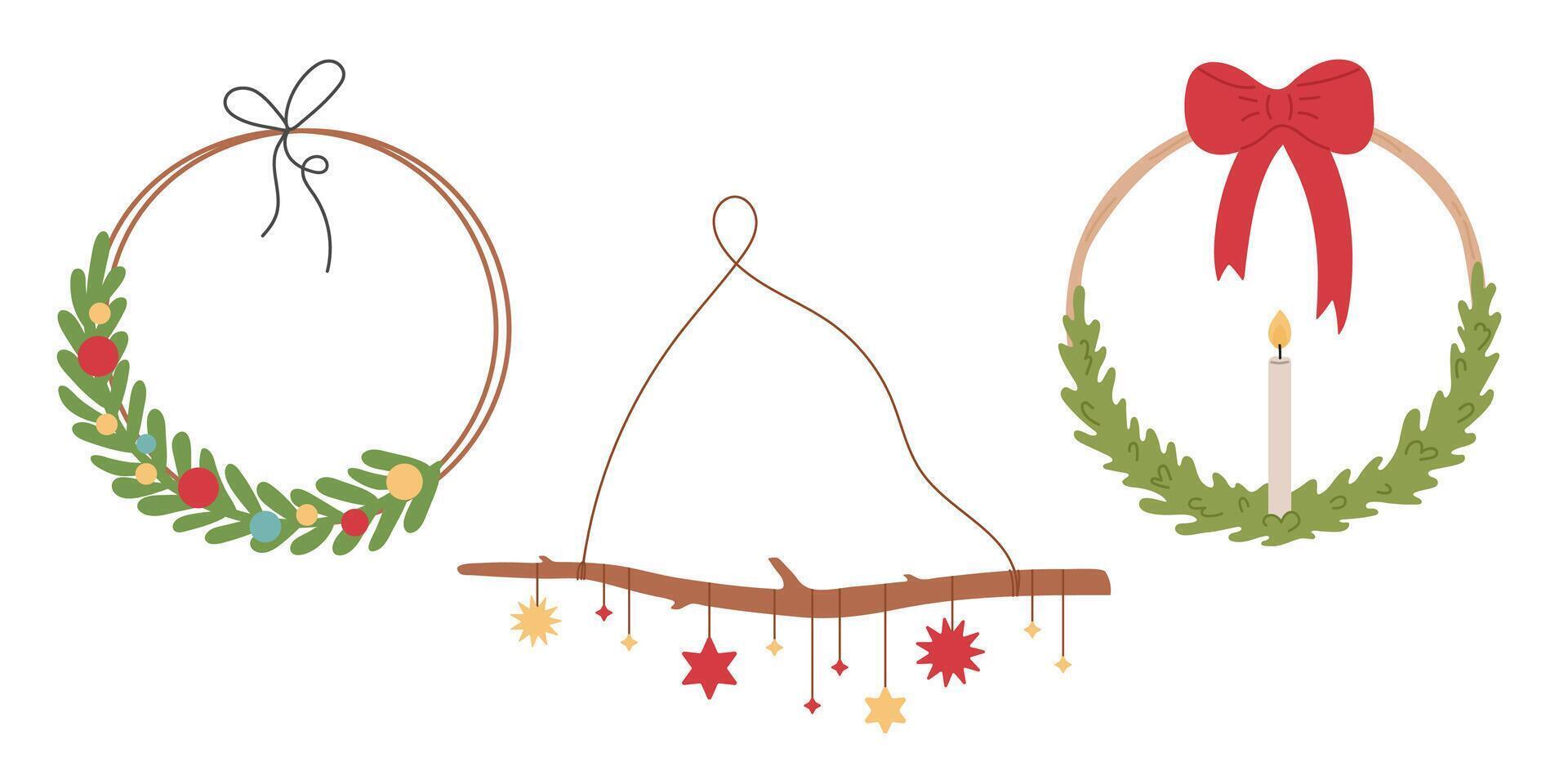 Christmas decorations set, branch and fir wreaths vector