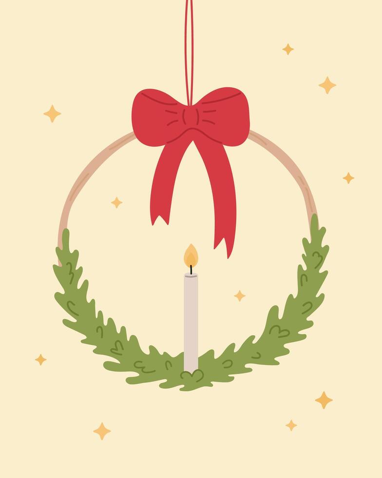 Fir tree wreath with candle, red bow and ribbons vector