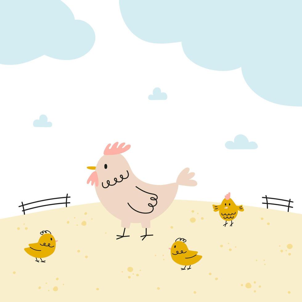 Funny farm illustration with cute chicken family vector