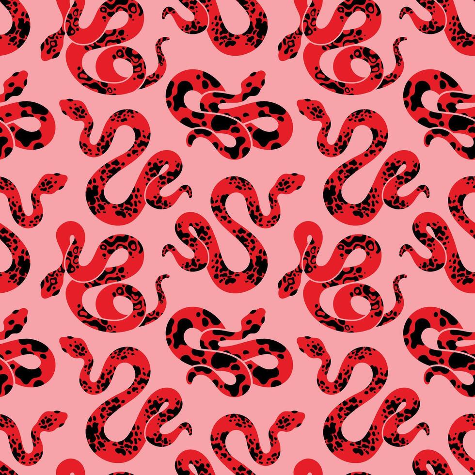 Red pink snake seamless pattern. Reptile background design. Gothic rock style. vector