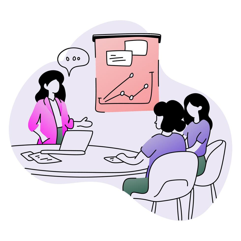 Dynamic woman conducting a hybrid meeting with both vector