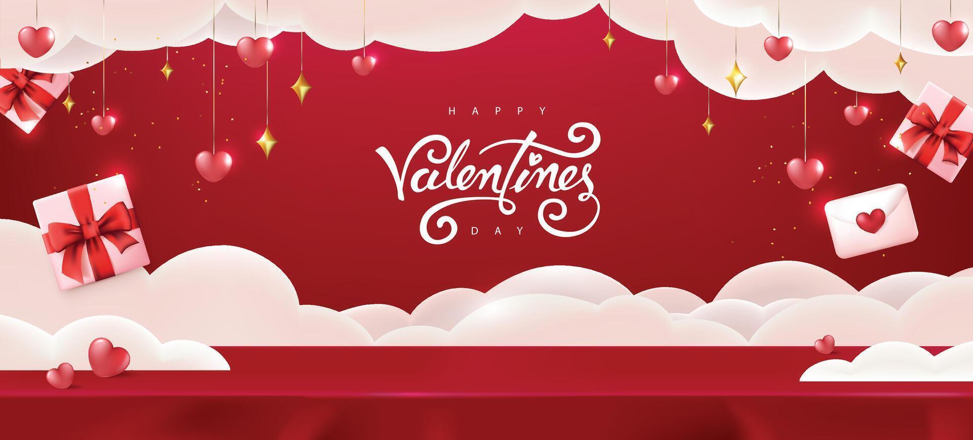 Happy Valentine's day banner background with gift box and heart on stage vector