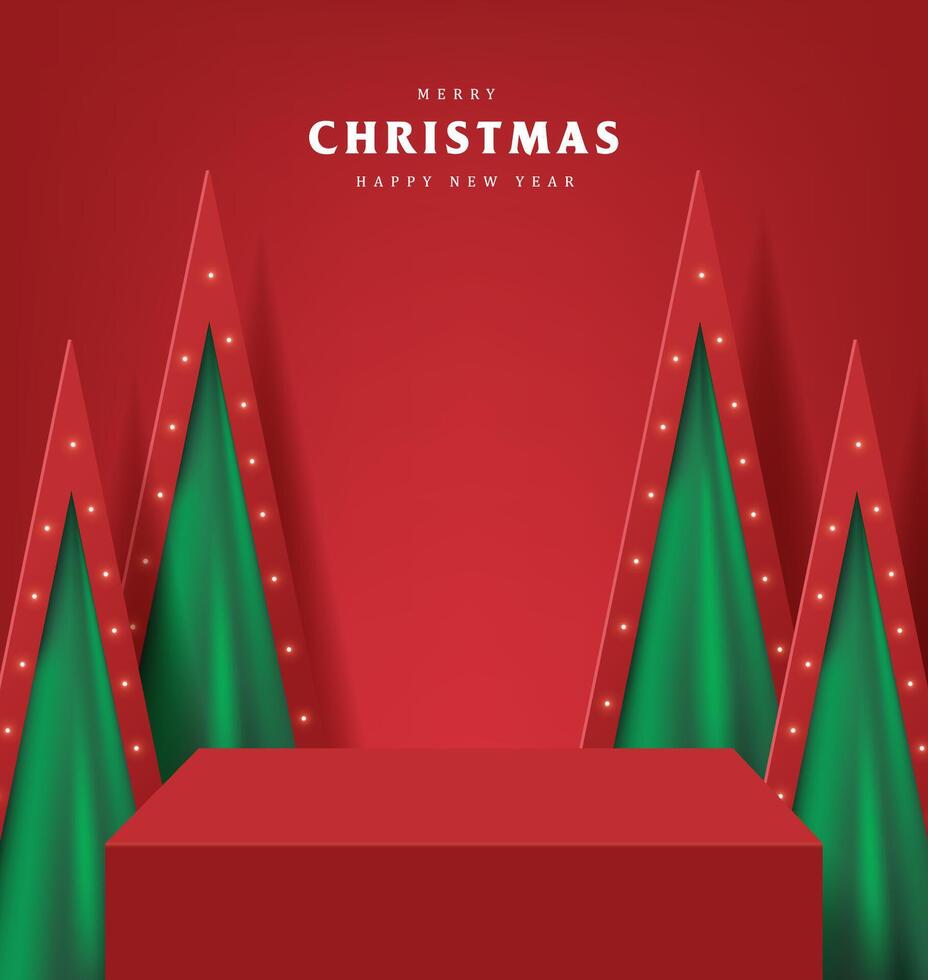 Merry Christmas banner with product display table and Artificial Christmas Trees backdrop vector
