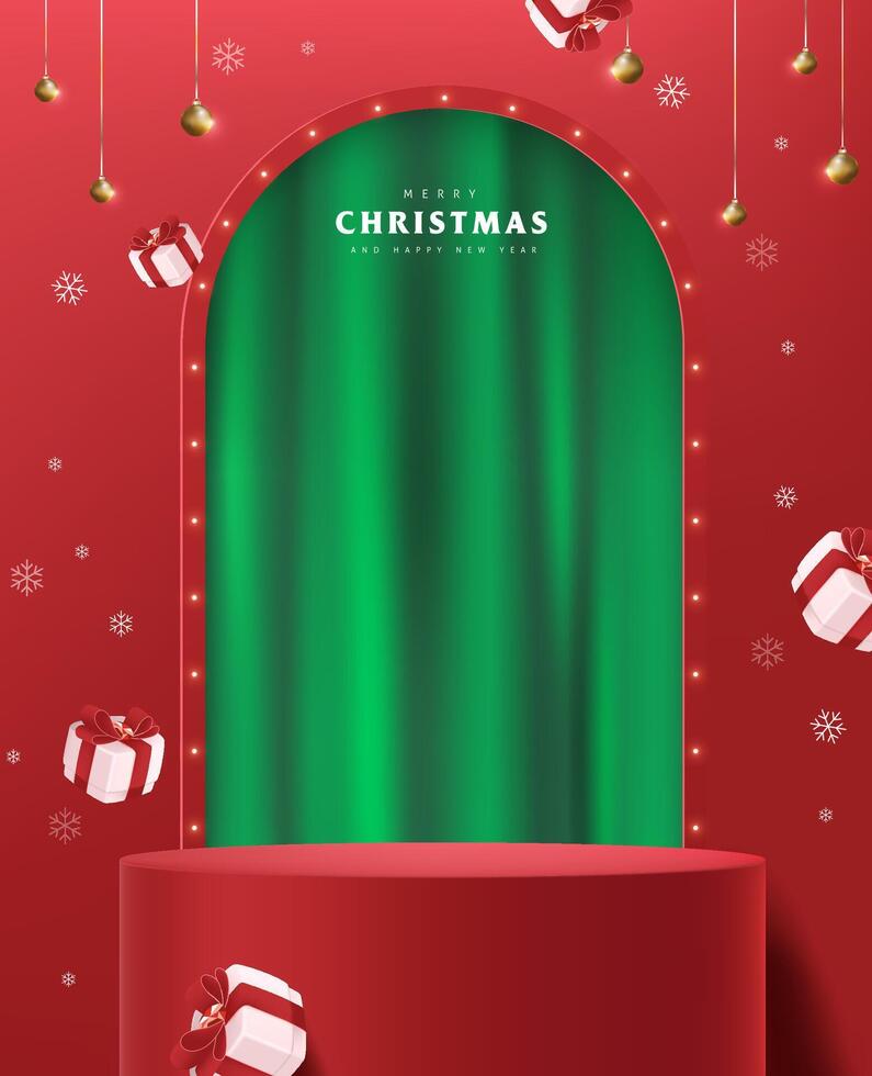 Merry Christmas banner with red product display Retro light bulbs sign background and festive decoration for christmas vector